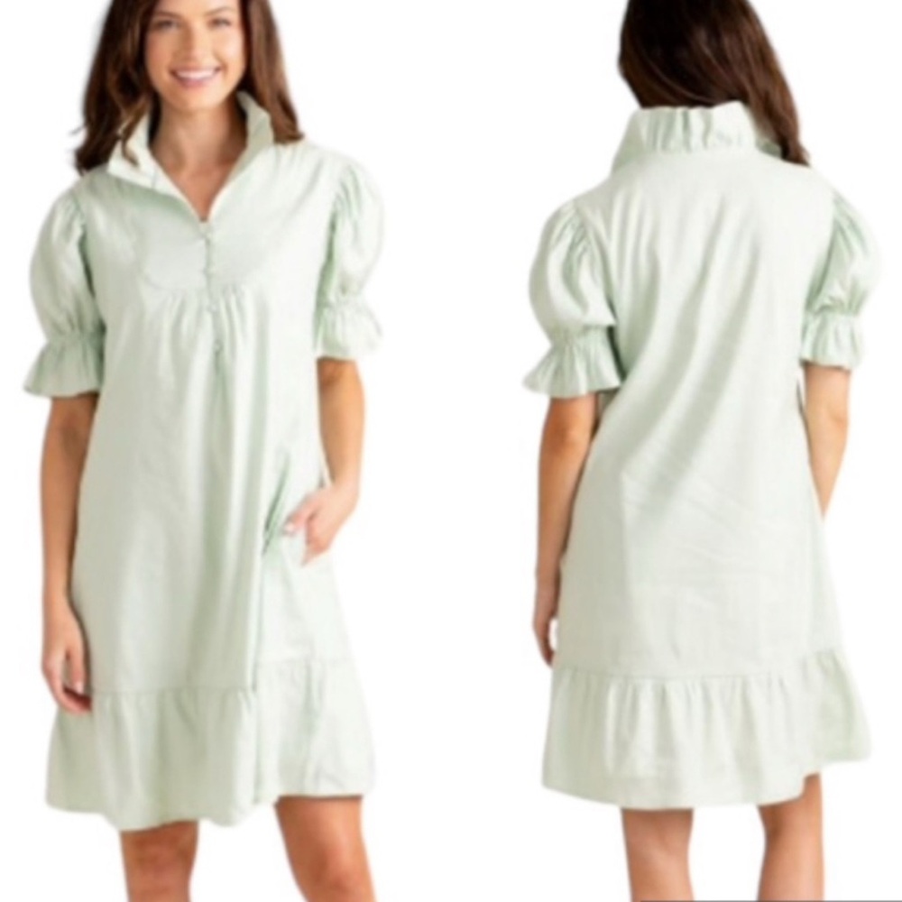 NWT S’EDGE Erin Puff Sleeve Ruffle Mini Dress in Sea Glass